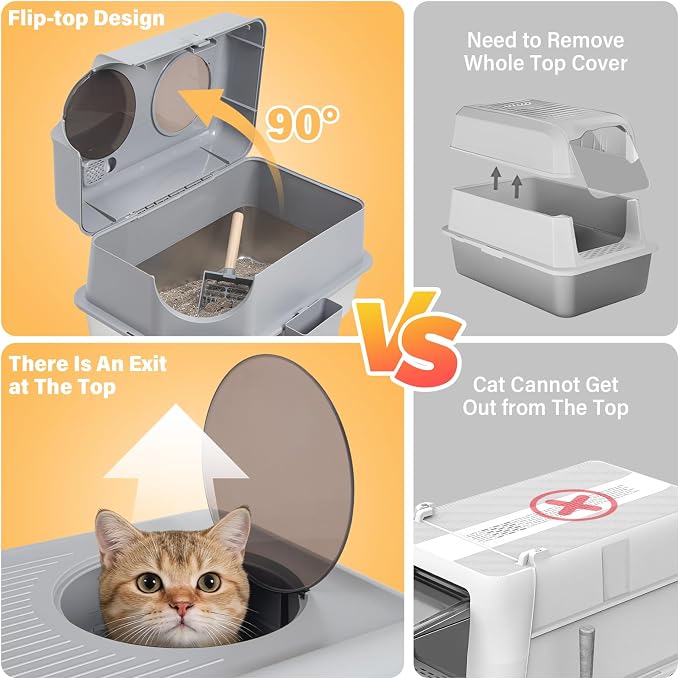 Stainless Steel Litter Box with Lid,XL Large Enclosed Cat Litter Box | Front & Top Entry Metal Litterbox, Odor Control,Anti-Leakage, Non-Sticky, Includes Mat&Scoop,23.8 x 15.8 x 15.8 inches