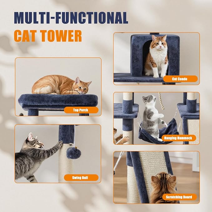 63 Inch Large Cat Tree Tower for Indoor Cats, Dark Grey | Multi-Level Tall Cat Tree Tower with Condo, Perch, Sisal Scratching Posts Board and Hammock, Dangling Balls