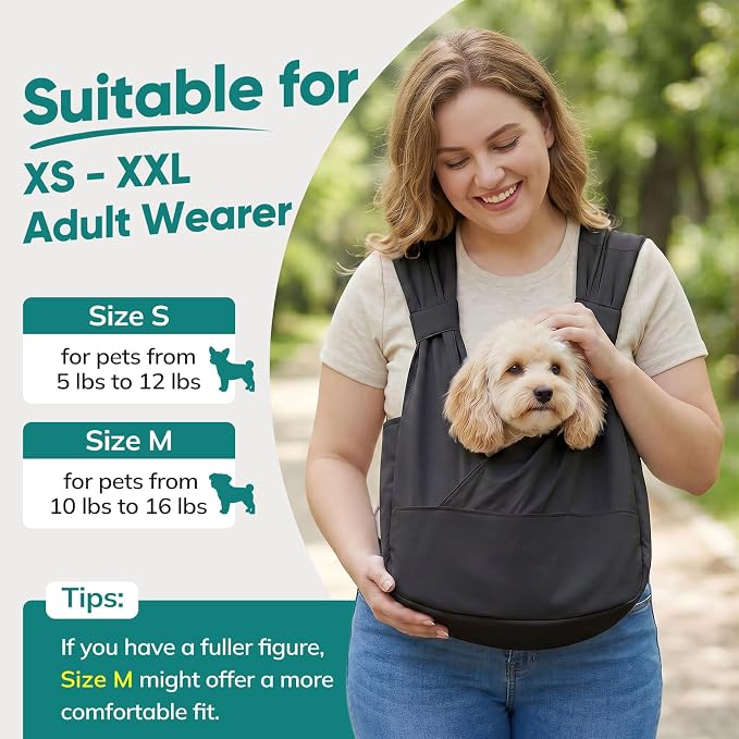 Dog Sling Carrier Front with Thicken Bottom Support for Small Dogs 10-16 lb | Adjustable, Hands Free, Comfortable Wearable, Lightweight, Vet Visits, Anxiety, Travel, Hiking, Safety Clip Black