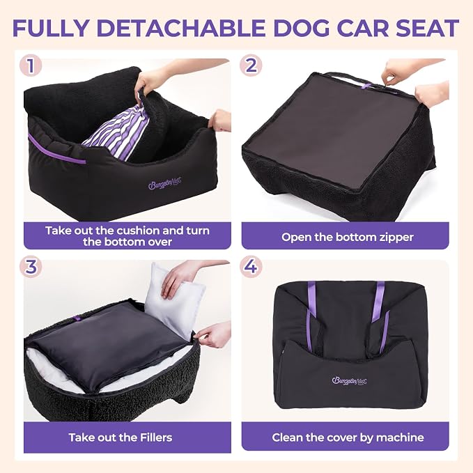 BurgeonNest Dog Car Seat for Small Dogs & Cats Under 25 lbs, Black Purple