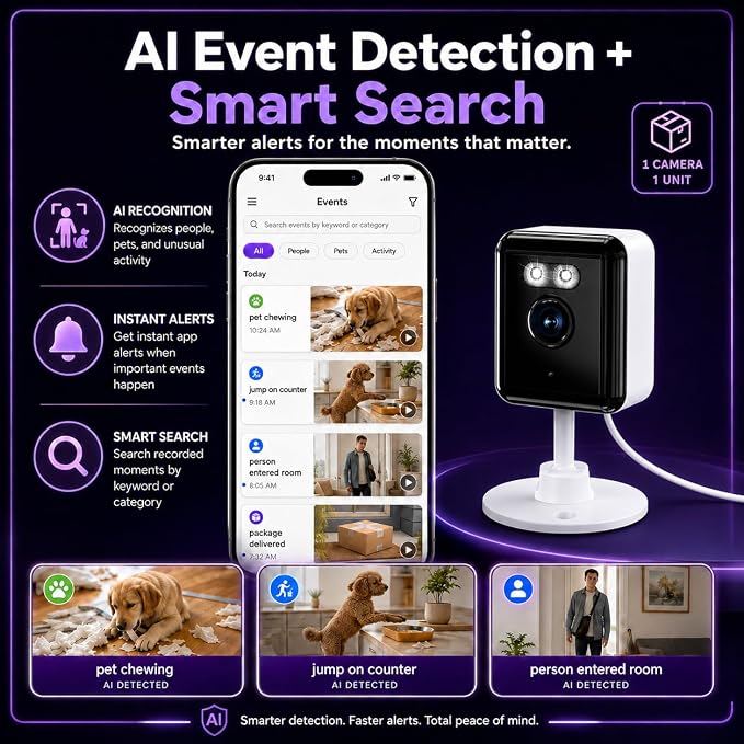 2.4/5GHz Home Cameras Indoor, 2K Security Camera Indoor for Dog/Pet/Nanny/Baby with US Phone App, AI Text Recognition, Smart Search, Color Night Vision,2 Way Talk Mini Cam,Human Detection,4 Packs | Indoor Use