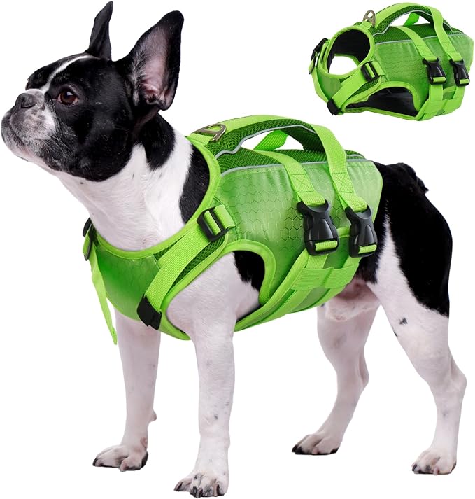 Kuoser Dog Life Jacket, High Flotation Reflective Dog Life Vest, Green, S | Adjustable Dog Lifejackets for Small Medium Large Dogs, Lifevest with Rescue Handle for Swimming, Boating, Lake, Beach & Pool