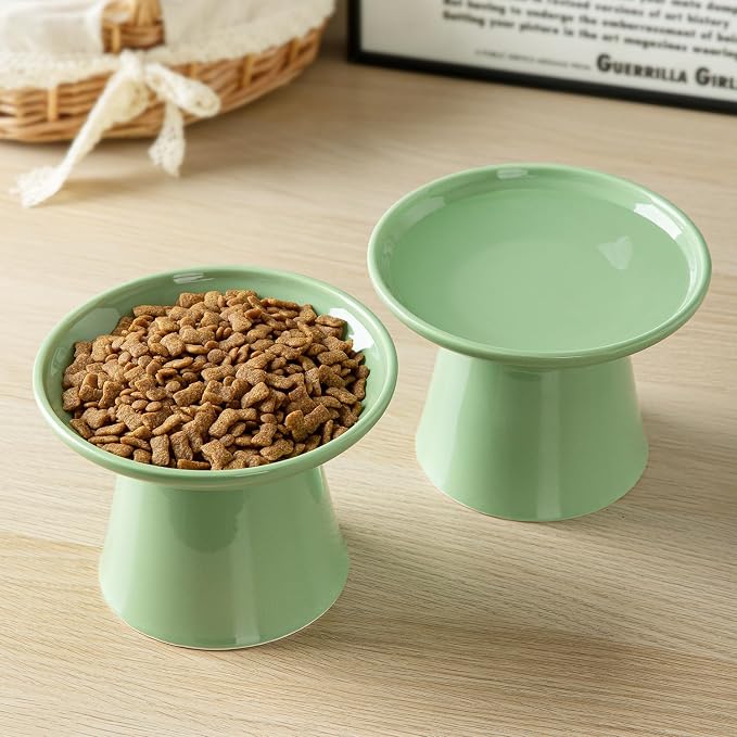 Ceramic Elevated Cat Bowls - 6.2 Inch Extra Wide Raised Cat Food and Water Bowl Set for Indoor Cats, Whisker-Friendly Ceramic Cat Dish for Elder Big Cats & Small Dogs,Green,2 Pack