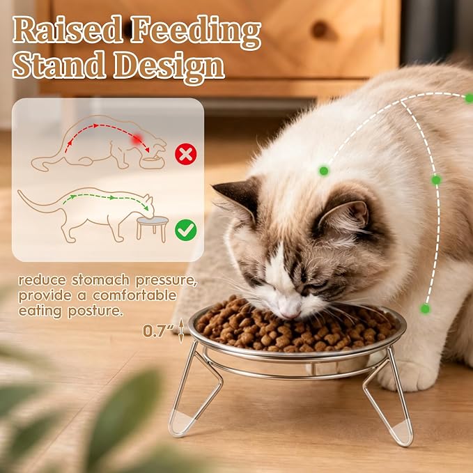 Cat Food Bowls,6.7" Extra Wide Raised Stainless Steel Cats Food Whisker Fatigue Shallow Dishes with Anti-Slip Metal Stand, for Indoor Fat Faced Cat Kitten and Small Dog Puppies-2pack