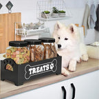 Dog Treat Container Dog Food Storage Container for Countertop, Cat Food Storage Container with 3 Plastic Dog Treat Jar, Dog Food Storage Container for Dog and Cat, Black Wooden Dog Food Container