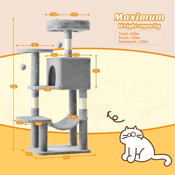 DUMOS Small 44 Inch Cat Tree Tower for Indoor, Light Grey | Cat Climbing Tower with Natural Sisal Scratching Posts, Hammock, Pet Condo for Cats and Kittens Play