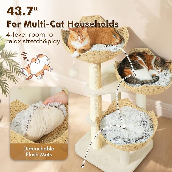 PAWZ Road Modern Cat Tree with Baskets, 44" Cat Tower for Indoor Cats,White | 3 rattan baskets (φ15.7") with thick cushions, sturdy base cat tree for large indoor cats, multi-level climbing resting space