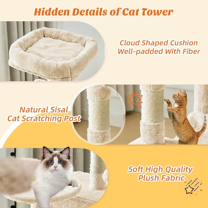 Sweetcrispy 44 Inch Cat Tree Tower, Cat Condo with Hammock, Beige | Cat Climbing Tower with Natural Sisal Scratching Posts, Hammock, Pet Condo for Indoor Cats and Kittens Play