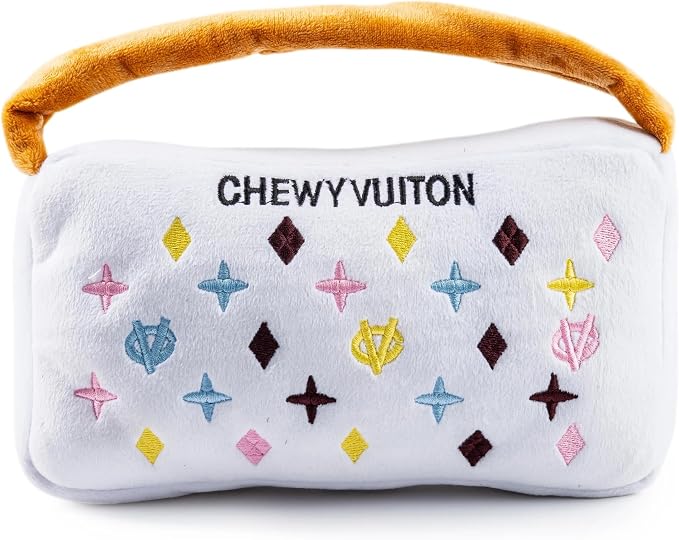 Haute Diggity Dog Chewy Vuiton Handbag Plush Squeaky Dog Toy, Soft Durable Designer-Inspired Stuffed Puppy Chew Toys for Small, Medium & Large Dogs, Machine-Washable (White) XL