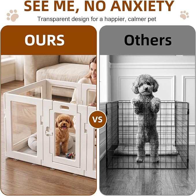 Clear Acrylic Dog Playpen Indoor, Puppy Cat Small Pet Play Pen, Easy Assemble & Disassemble Sturdy Plastic Dog Fence with Heavy Duty Door Lock (24In H, 10PCS), White