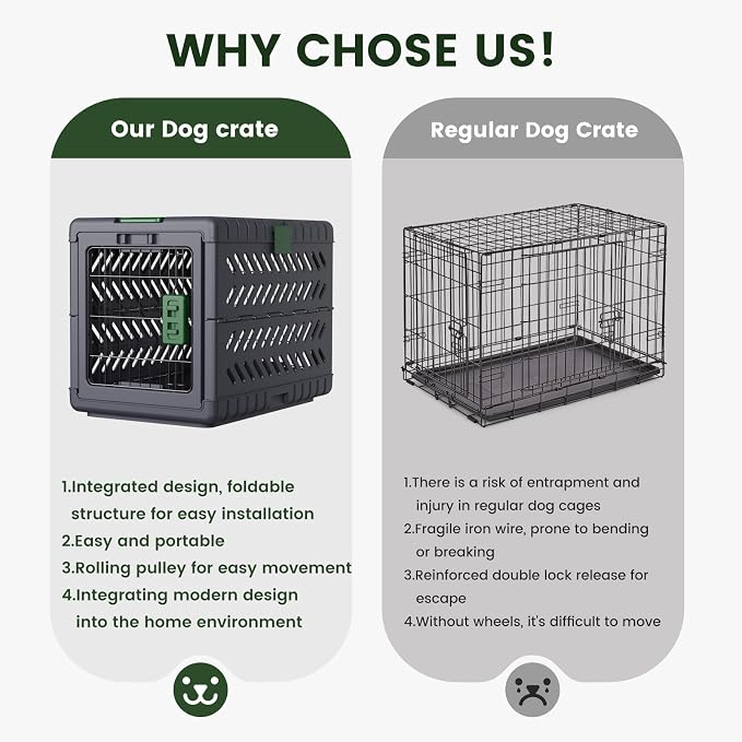 28"L Collapsible Dog Crate for Small/Medium Dogs - No-Tool Assembly Foldable Dog Cage - Portable Travel Crate with 2 Wheels - Space-Saving for Indoor Outdoor Use (Dark Grey, 28.0"L x 18.3"W x 20.9"H)