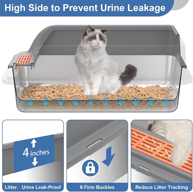 Stainless Steel Sifting Litter Box with Lid, Medium Sifting Cat Litter Box for Pine Pellets & Big Cats,Metal Pellet Sifter Litter Pan System for Odor Control,Sifting Box Liners & Scoop