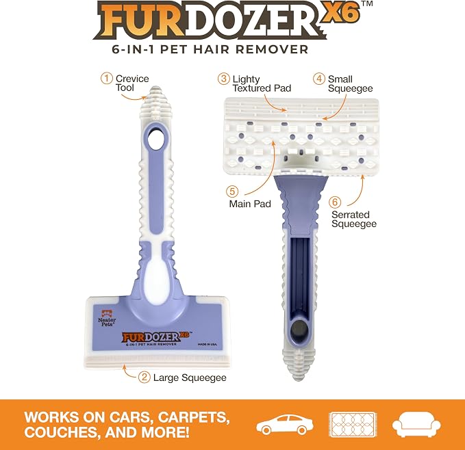 FurDozer Pet Hair Remover & Auto Detailing Tools - Cat & Dog Hair Remover for Carpets, Car Interiors, Couches, Bedding, & Pet Furniture (Purple, (3 Pack) - X6, X3 PRO, X3 MINI)
