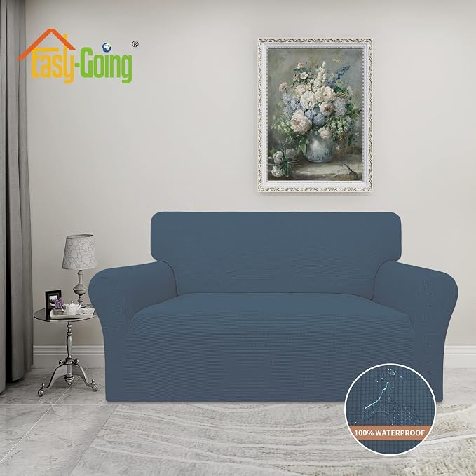 Easy-Going 100% Waterproof Oversized Loveseat Cover, Couch Cover for Sofa | Dual Waterproof Sofa Cover, Stretch Jacquard Sofa Slipcover, Leakproof Furniture Protector for Kids Pets Dog, Bluestone