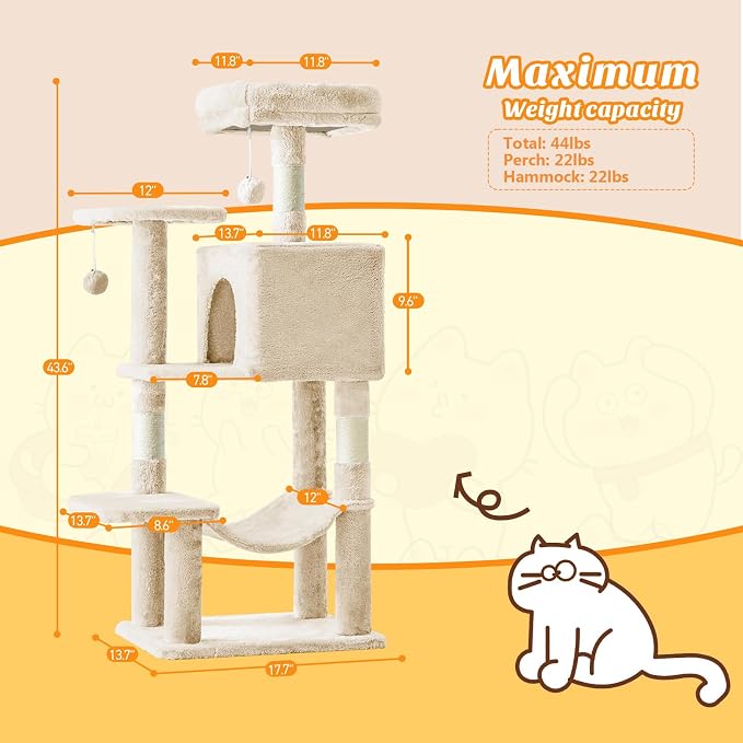 Sweetcrispy 44 Inch Cat Tree Tower, Cat Condo with Hammock, Beige | Cat Climbing Tower with Natural Sisal Scratching Posts, Hammock, Pet Condo for Indoor Cats and Kittens Play