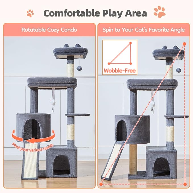 Taoqimiao Sturdy Cat Tree, 55.1In Cat Tower for Indoor Cats, Large Platform | Rotatable Round Condo with Large Scratch Board, Extended Cat House, Thickened Full-Sisal Scratching Post, Smoky Gray, F10G