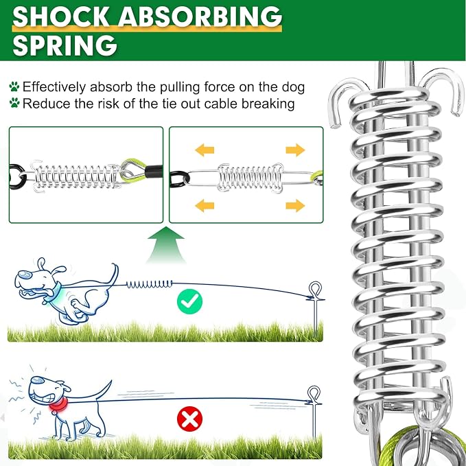 Snagle Paw Dog Tie Out Cable 30FT-1000LBS Break Strength,Heavy Duty Dog Leads for Yard with Shock Absorbing Spring & Swivel Hook,Long Leash Cable for Outdoor Tethering,Dog Line for Small Large Dogs