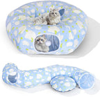 Cat Tunnel Bed, Foldable Cat Donut Tunnel with Removable Cushion, Toy Ball & Social Windows, Stress Relief Fun, Round Pet Play Tunnel for Indoor Cats, Kittens and Small Pets (3D Cloud Pattern)