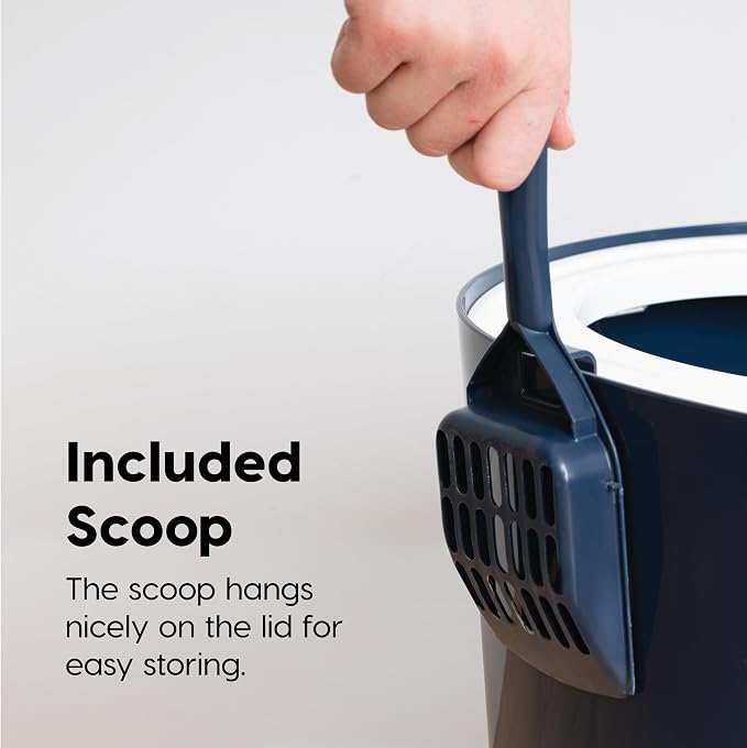 IRIS USA Large Top Entry Cat Litter Box, Hooded Privacy, Navy/White | Dog-Free Zone, Mess Containment System, Protected Interior, Dog Proof Pan, Odor Trapping, Easy Scoop Access