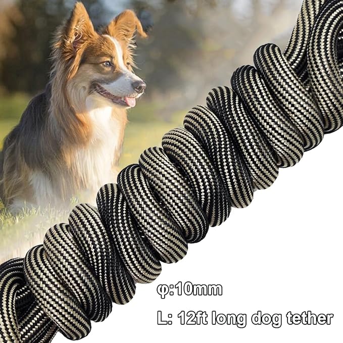 BTINESFUL Tie-Out Check Cord Long Rope Dog Tether, 8ft 12ft 20ft 30ft 50ft 75ft Recall Training Dog Lead for Yard- Large Medium Dogs Outdoor Training, Playing, Camping, or Backyard (12ft, Beige Black)