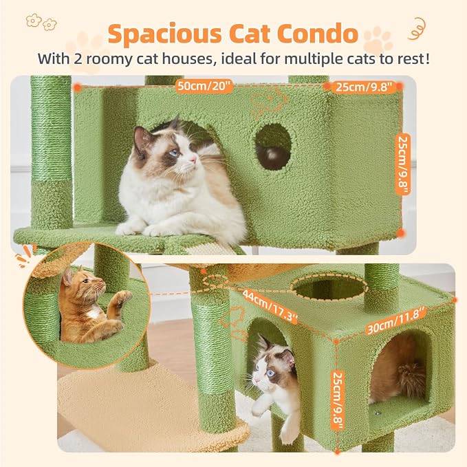 Taoqimiao Cactus Cat Tree, 71 in Extra Large Cat Tower for Inddor Cats | 2 Large Cat Condos, 2 Cute Perches, Metal Frame Cozy Hammock, Durable Scratch Board, 8 Natural Sisal Posts, Basket, MSC026L