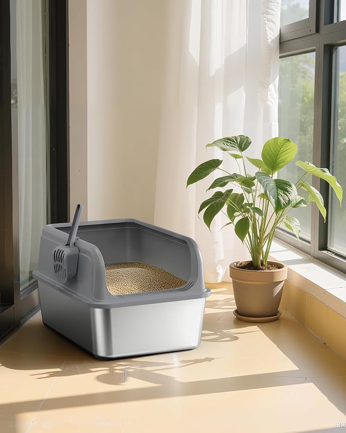 Powools Stainless Steel Cat Litter Box, High-Sided, Grey, XXL (1 Pack) | Metal Litter Box with Scoop, Anti-Leakage Top Entry, Non-Sticky, Easy to Clean, 8-Inch Splash-Proof Deep Pan