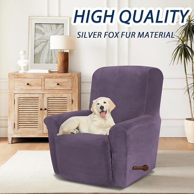 Asnomy Stretch Recliner Chair Covers Slipcover with Pockets 1-Piece（Purple） | Velvet Washable Elastic Luxury Plush Reclining Furniture Protector for Dogs Cats or Lazy Boy Recliner Covers