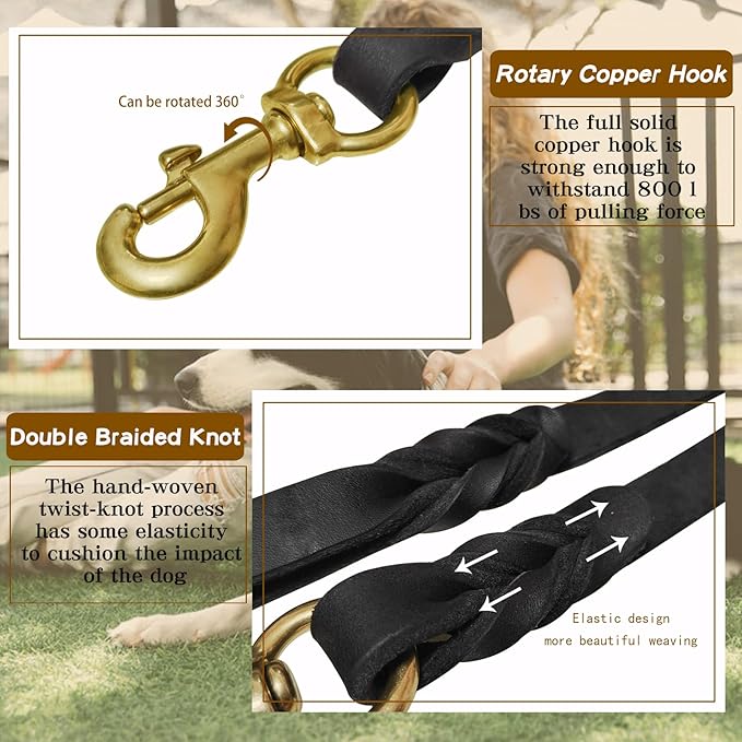 Leather Dog Leash 6ft x 5/8 inch,Strong Heavy Duty Genuine Leather Braided Dog Training Leash, Soft and Comfortable for Large Dogs, Medium Small Dogs (Black, 6FT*5/8in)