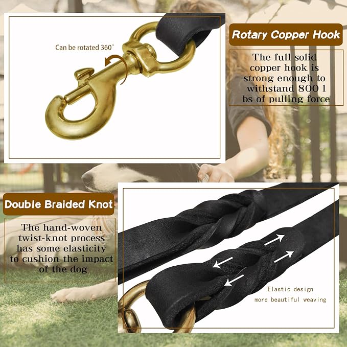 Leather Dog Leash 8ft x 3/4 inch,Strong Heavy Duty Genuine Leather Braided Dog Training Leash, Soft and Comfortable for Large Dogs, Medium Small Dogs (Black, 8FT*3/4in)