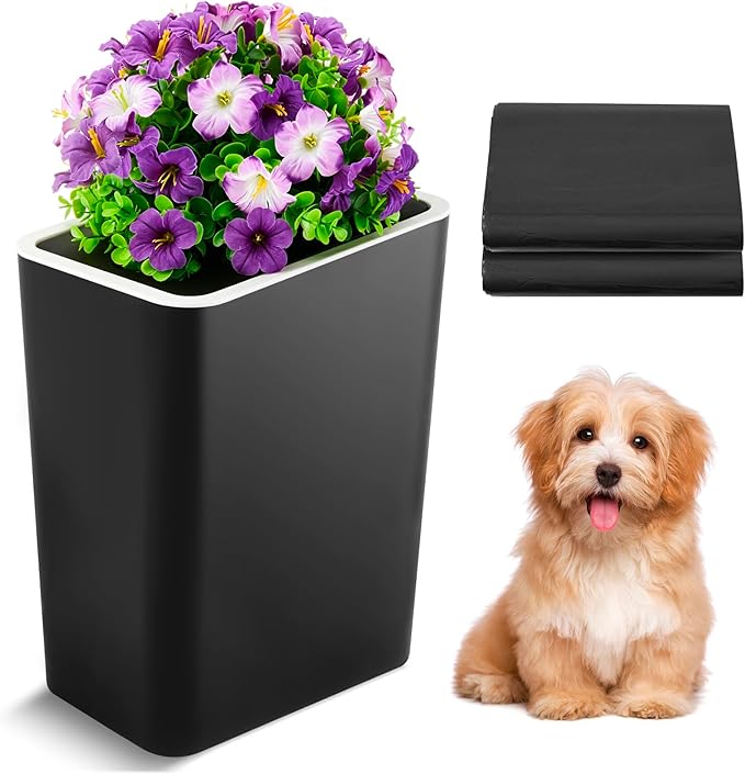 Jingmore Dog Poop Trash Can Outside 3.96 Gal/ 15 L Plant Styled Dog Waste Trash Can with Lid 50 Waste Bags Outdoor Indoor Poop Container Slim Garbage Bin for Yard Garden Pet(Purple Flower Black)