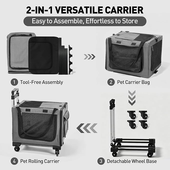 17in Wheeled Expandable Cat Carrier for Cats Small Dogs, Gray | elescopic rod, expandable side room, foldable breathable mesh, portable carrier for indoor & outdoor pet travel