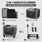 17in Wheeled Expandable Cat Carrier for Cats Small Dogs, Gray | elescopic rod, expandable side room, foldable breathable mesh, portable carrier for indoor & outdoor pet travel