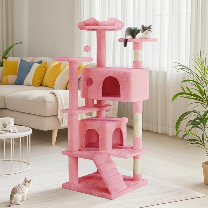DUMOS 54 Inch Cat Tree Tower with Scratching Posts, Pink | Multi-Level Pet House for Large Cats with 2 Condos, Scratching Posts, Round Platform, Small Ladder and Toys