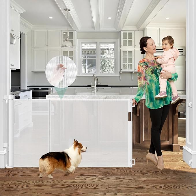 Reinforced 60" Wide Retractable Baby Gate with Reinforced Rods, 5 ft Retractable Dog Gate Indoor/Outdoor Baby Gate Retractable Gate - Bottom Anti-Escape, White | Indoor/Outdoor Retractable Dog Gate, Space-Saving, Easy One-Hand Operation, Scratch-Resist...