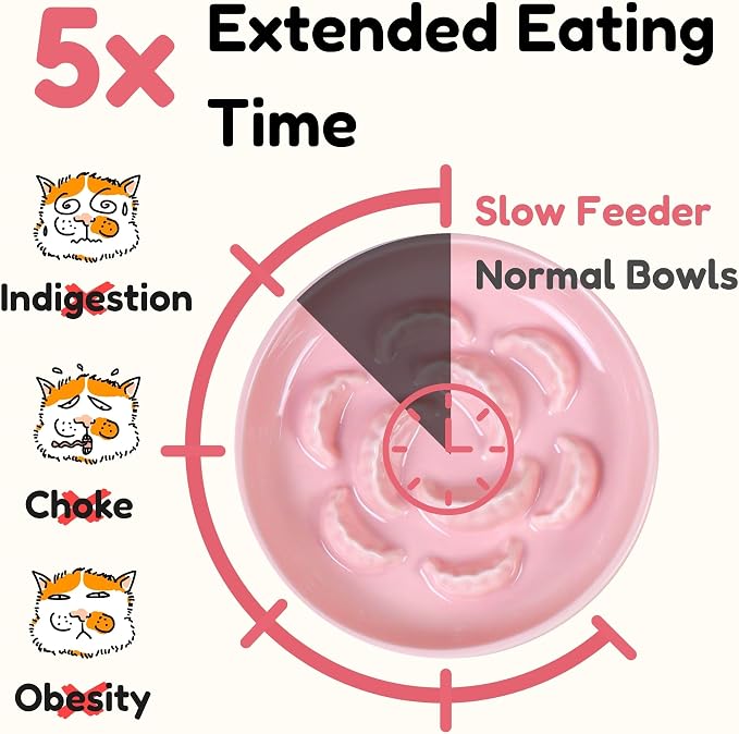 Elevated Slow Feeder Cat Bowl with Bamboo Stand, 6.3'' Ceramic Cat Food Bowl, Raised Whisker Friendly Cat Dish for Wet & Dry Food, Dishwasher Safe Anti-Slip Feeder for Cats & Small Dogs (Pink)