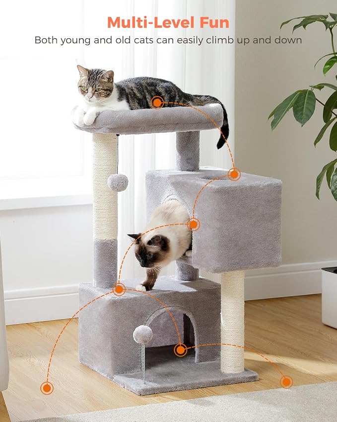 Small Cat Tree for Kittens, 32 in Cat Tower with 2 Cozy Condos | Multi-Level Cat Tree with Scratching Posts, Soft Padded Perch, 2 Dangling Toys