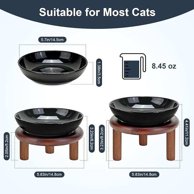 SPUNKYJUNKY Extra Wide Elevated Ceramic Cat Bowl with Acacia Wood Stand Whisker Friendly (Cat Paw Pattern, 2 Pack, Black)