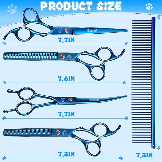 Professional Dog Grooming Scissors Set, 7 Inch/8 Inch Pet Grooming Scissors Chunkers Shears for Dog, Curved Dog Grooming Scissors, Thinning Shears for Dog with Grooming Comb | Pet Grooming Chunkers Shears for Dog, Curved Dog Grooming Scissors, Thinning...