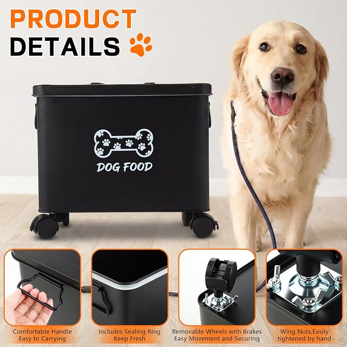Dog Food Container 13 lb Cute Airtight Food Storage Containers with Metal Lid Scoop Black Metal Storage Bin for Dog Cat with Wheels