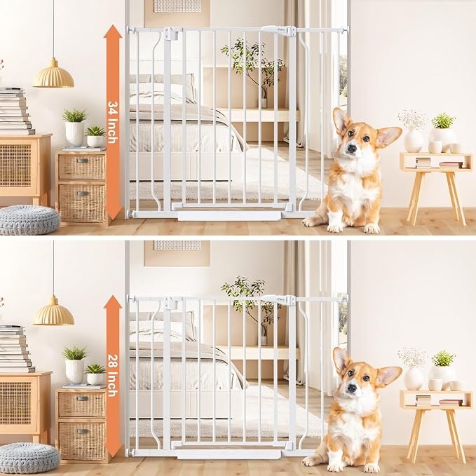 34" Tall Baby Gate No Drilling, Auto Close Dog Gate Indoor, White | for Doorways & Stairs, Pressure Mounted 29"-40" Wide Pet Gate, Easy Walk Through Stair Gate for Baby & Pet Stroller Friendly