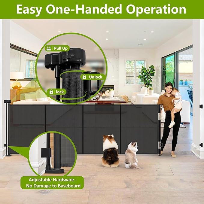 Reinforced 42" Tall 155" Wide Retractable Fence Outdoor Retractable Gate | Tall Baby Gate Garage Gates for Dogs, Space-Saving, Easy to Use, Scratch-Resistant Mesh, Safety Lock, Easy Install, Black
