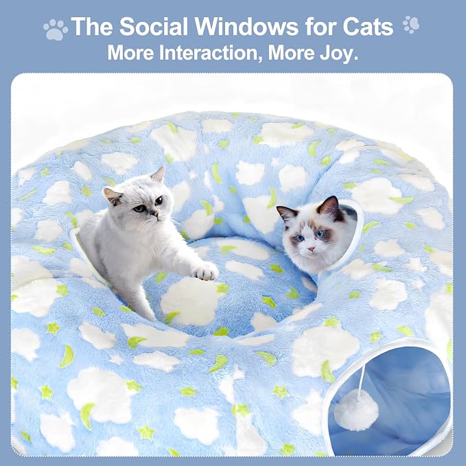 Cat Tunnel Bed, Foldable Cat Donut Tunnel with Removable Cushion, Toy Ball & Social Windows, Stress Relief Fun, Round Pet Play Tunnel for Indoor Cats, Kittens and Small Pets (3D Cloud Pattern)