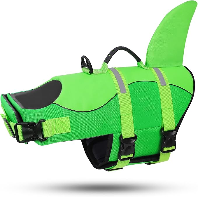 ASENKU Dog Life Jacket - Pet Safety Vest for Swimming & Boating, Shark Life Jacket with Floatation, Dog Lifesavers Swimsuits for Small Medium Large Dogs (Neongreen, XS)