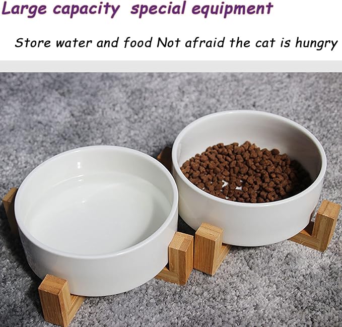 Petygooing White Ceramic Cat Dog Bowl Set with Stand,Small Dog Bowls,Pet Food and Water Dish, Anti Slip Set of 2 Cat Bowls Pet Food Bowl- Pet Dish Small Size Pet (13.5OZ/5.1 in)