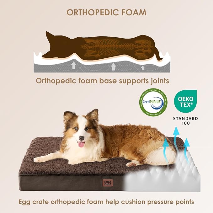 EHEYCIGA Orthopedic Dog Bed Large with Removable Washable Cover,Brown,47x29 | Egg Crate Foam Support,Durable Oxford fabric,Non-Slip Bottom,Machine Washable,Soft Waterproof Plush Pet Bed Mat For Crate