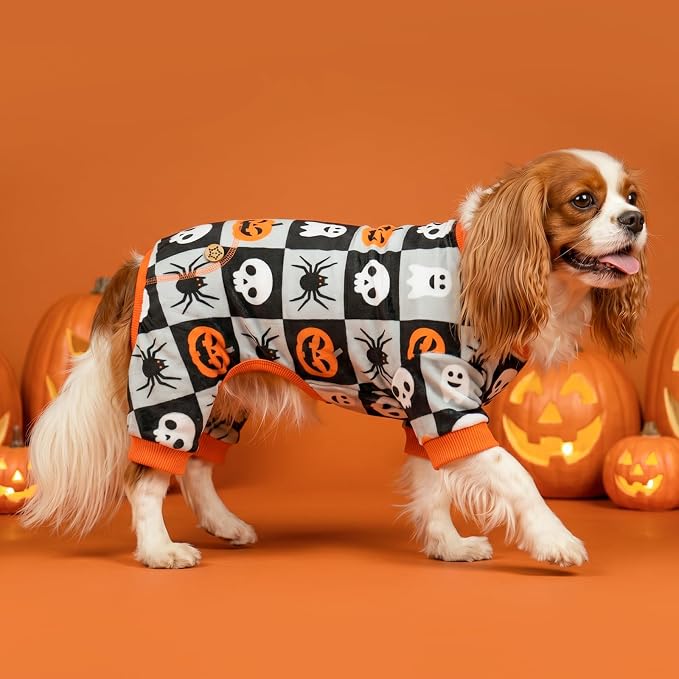 KYEESE Dog Halloween Pajamas Velvet Onesie Checkered Pumpkin Ghost Print | Cozy Halloween Outfit, Great for Halloween Photos, 4-Way Stretch, Lightweight & Breathable, Gentle on Sensitive Skin