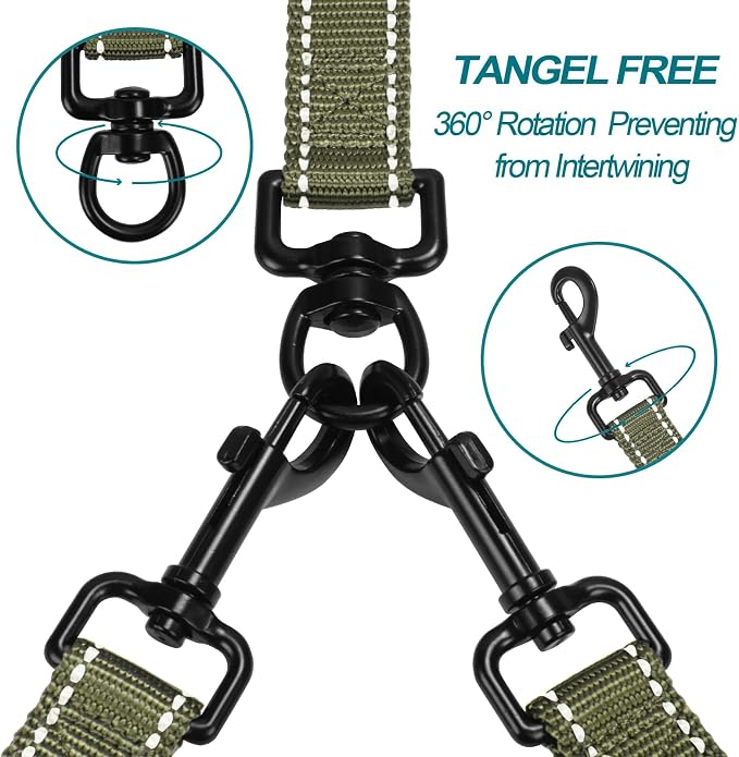 PetBonus Double Dog Leash, No Tangle Dual Leash, Walking Training Lead | 4 Comfortable Padded Handles, Adjustable, Reflective, For Two Large Medium Dogs, Collapsible Bowl and Waste Bags, Army Green