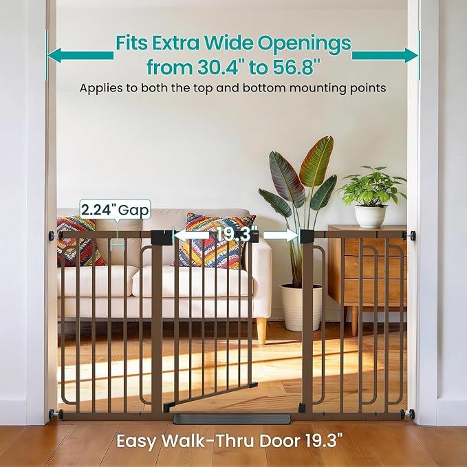 Cumbor 30.4-56.8" Extra Wide Baby Gate, Auto Close Dual Lock Dog Gate Brown | Easy Install Pressure Mounted Pet Gate for Doorways & Wide Openings, Easy Walk Thru Safety Proofing for Babies & Large Dogs