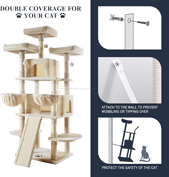 Allewie 68 Inches Cat Tree/House and Towers for Big Feline/Scratching Post/Multi-Level Large Kitty Climbing Tree with Condo/Beige