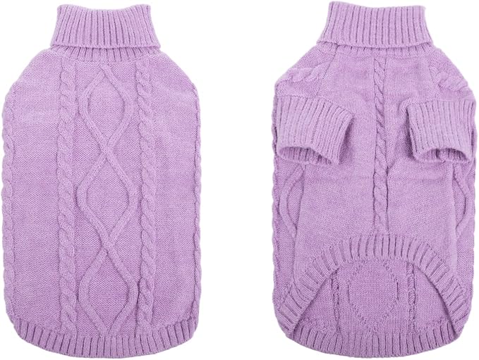 Queenmore Small Dog Pullover Sweater, Cold Weather Cable Knitwear, Classic Turtleneck Thick Warm Clothes for Chihuahua, Bulldog, Dachshund, Pug (Lilac, X-Large)